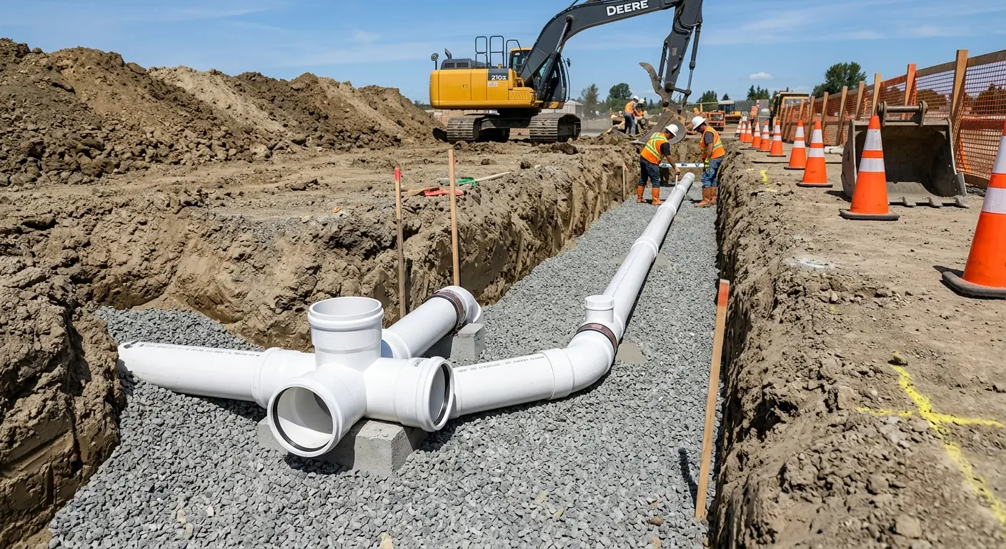 New PVC sewer pipe installation in open trench for Commercial Drain Cleaning in Harrington Park