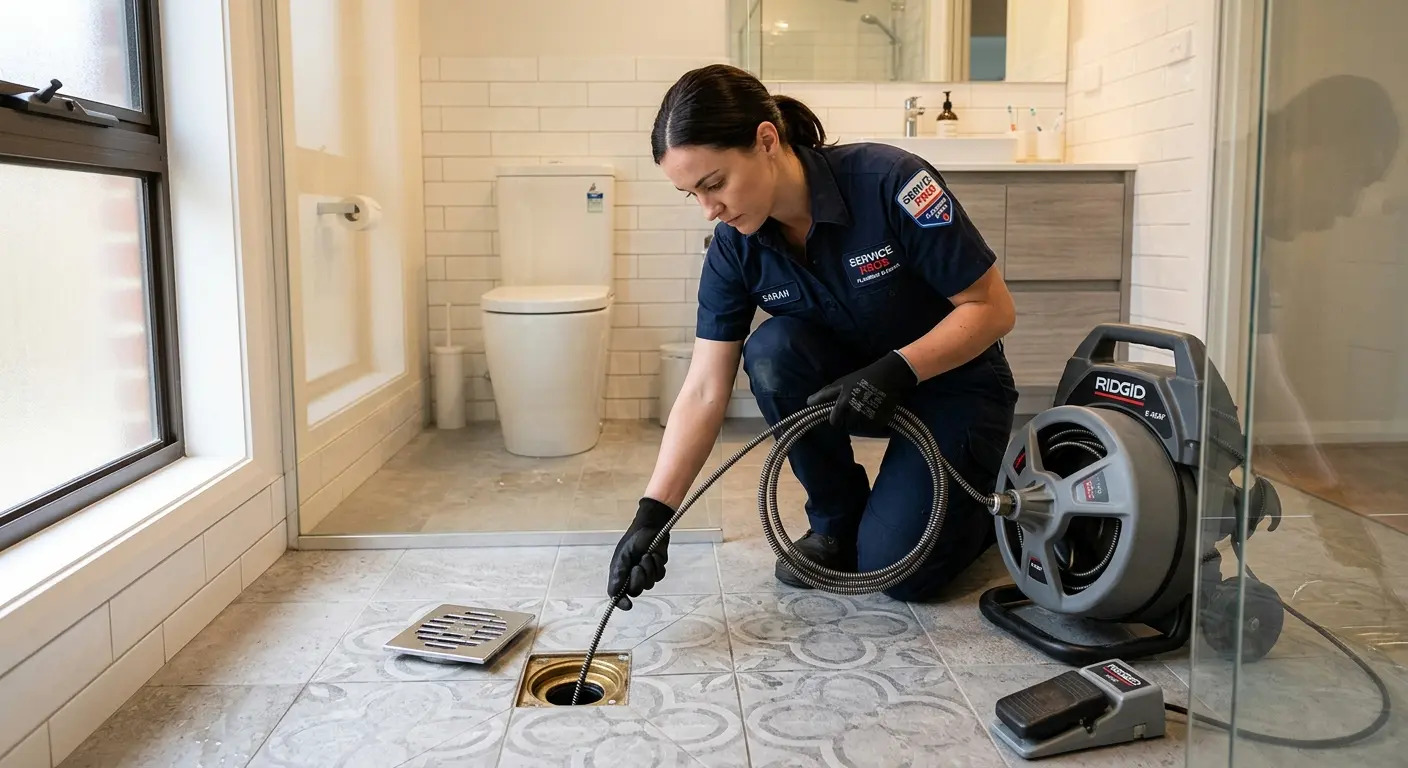 Technician clearing a bathroom floor drain for Hydro Jetting in Harrington Park
